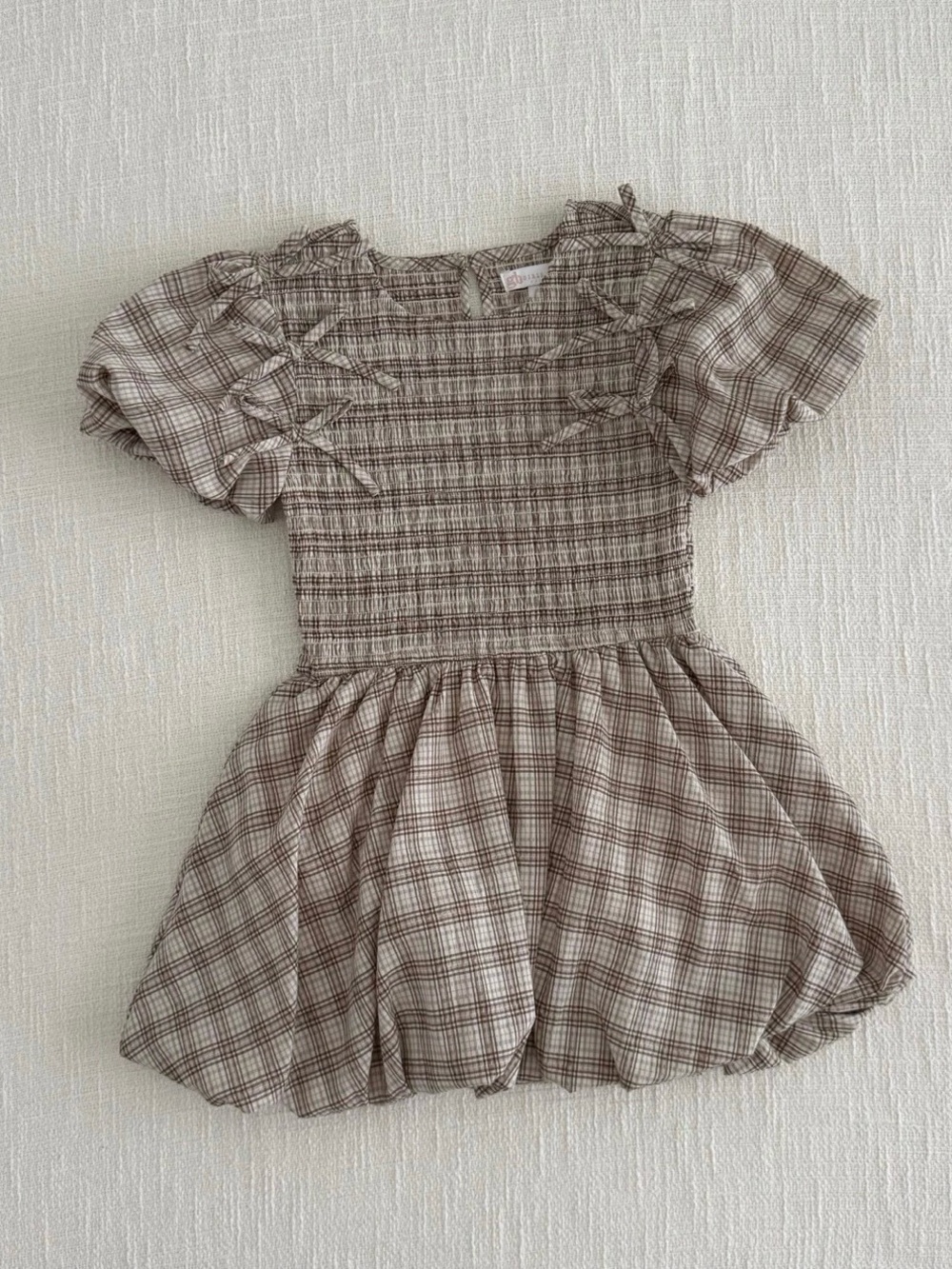 Kids Plaid Smocked Puff-Sleeve Dress in Brown